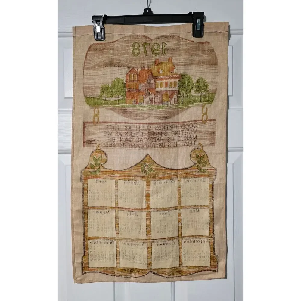 TEA‎ TOWEL - Vtg 1978 Ye Old Inn Rural Good Friends Calendar Wall Hanging